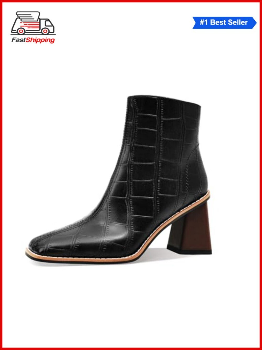 ✨Chunky Mid Heel Square Pointed Toe Ankle Boots Faux Leather Booties